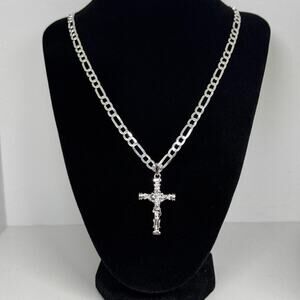 Sterling Silver Crucifix Cross Pendant Necklace 20 Inch Figaro Chain 18.4g